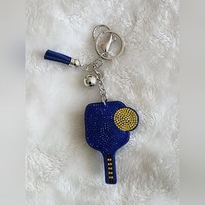 Pickleball Blue and Yellow Rhinestone Keychain Bag Charm